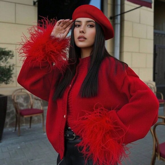 Red Casual Festive Women's fluffy faux fur sleeve cuffs Cardigan Top - Picture 9 of 11